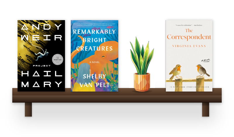 A shelf of literary fiction with a snake plant