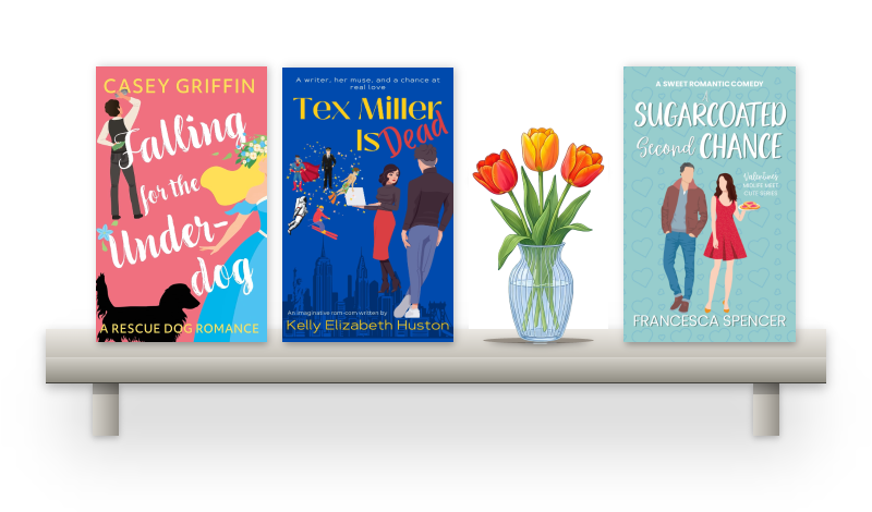 A shelf of romantic comedies with tulips