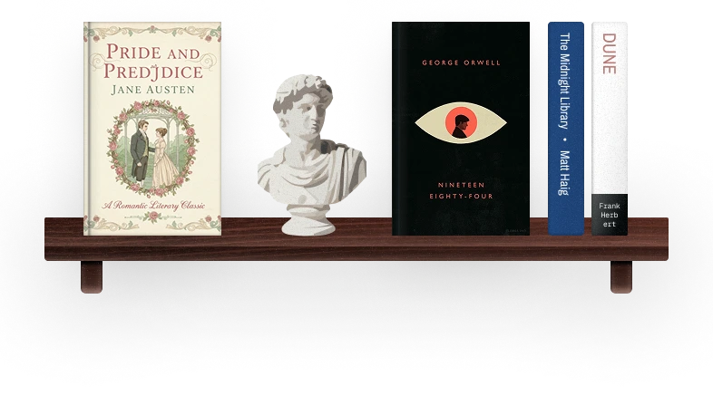 A wooden shelf holding Pride and Prejudice, a marble bust, 1984, The Midnight Library and Dune