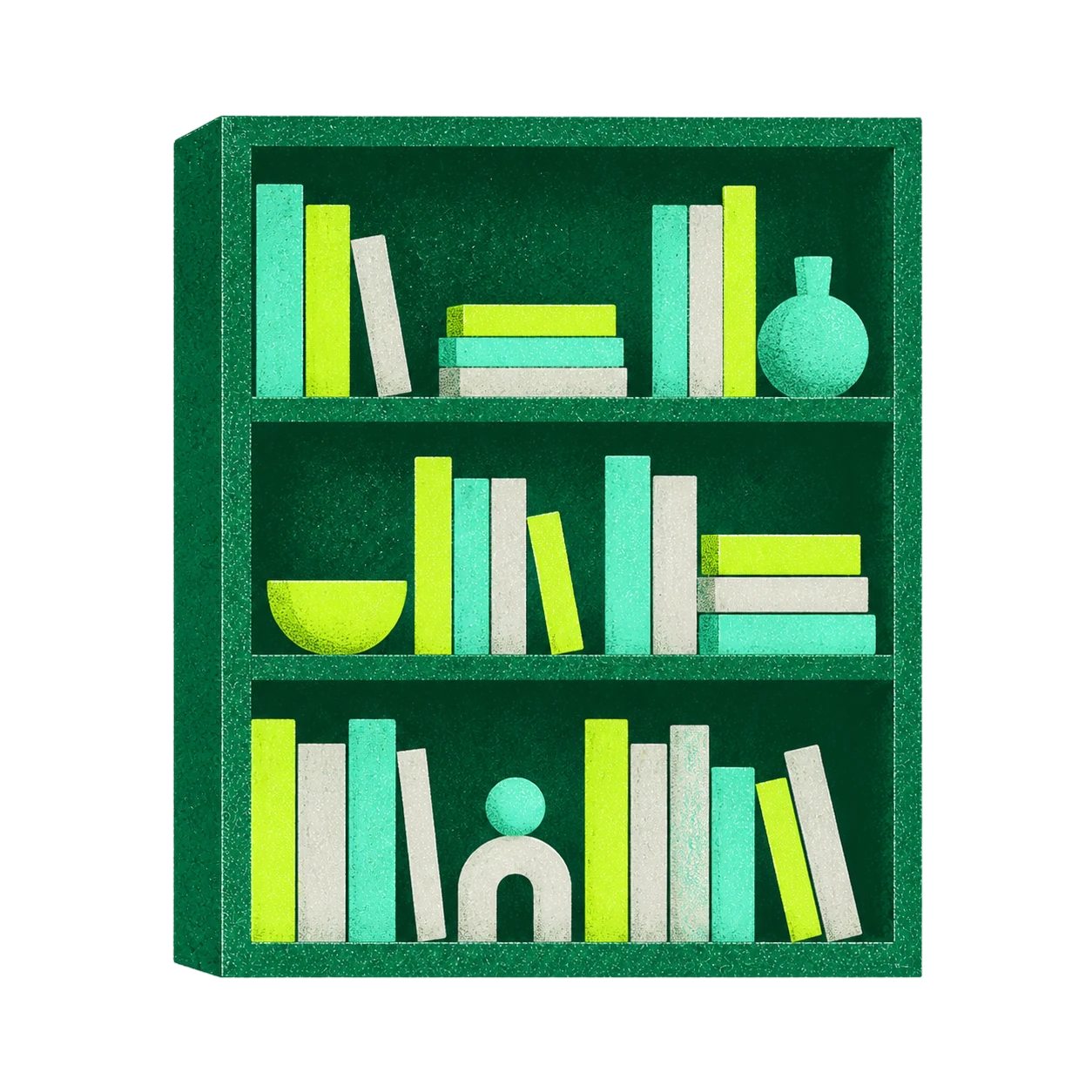 Illustration of a green bookshelf styled with books, a plant and an arch